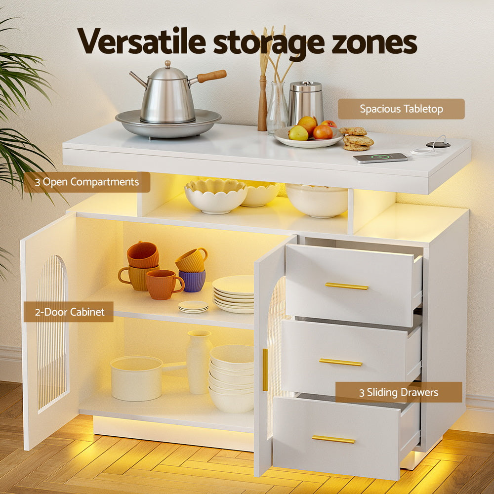 Artiss Buffet Sideboard Cabinet LED Clear Door Kitchen Storage Drawers White - Homecoze