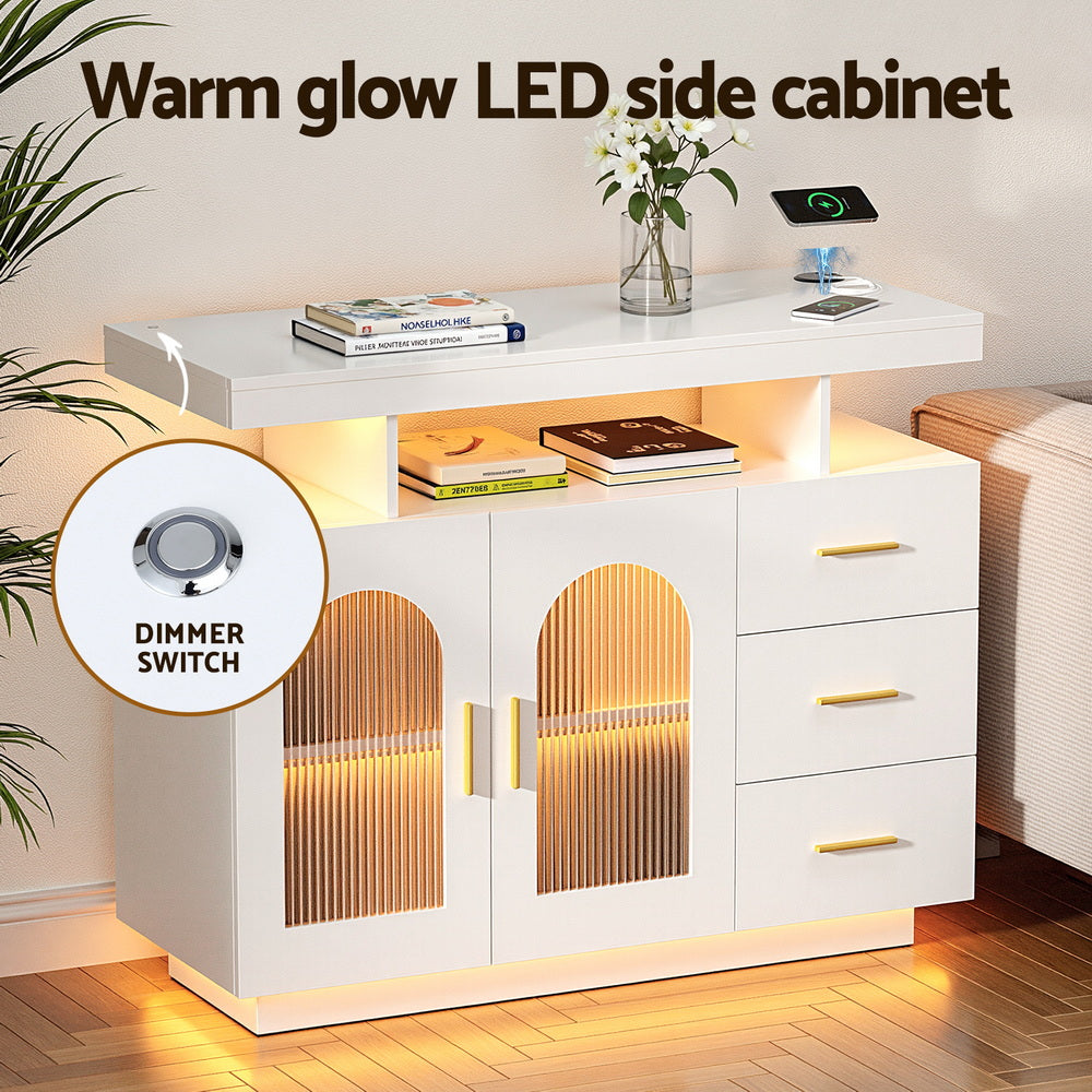 Artiss Buffet Sideboard Cabinet LED Clear Door Kitchen Storage Drawers White - Homecoze