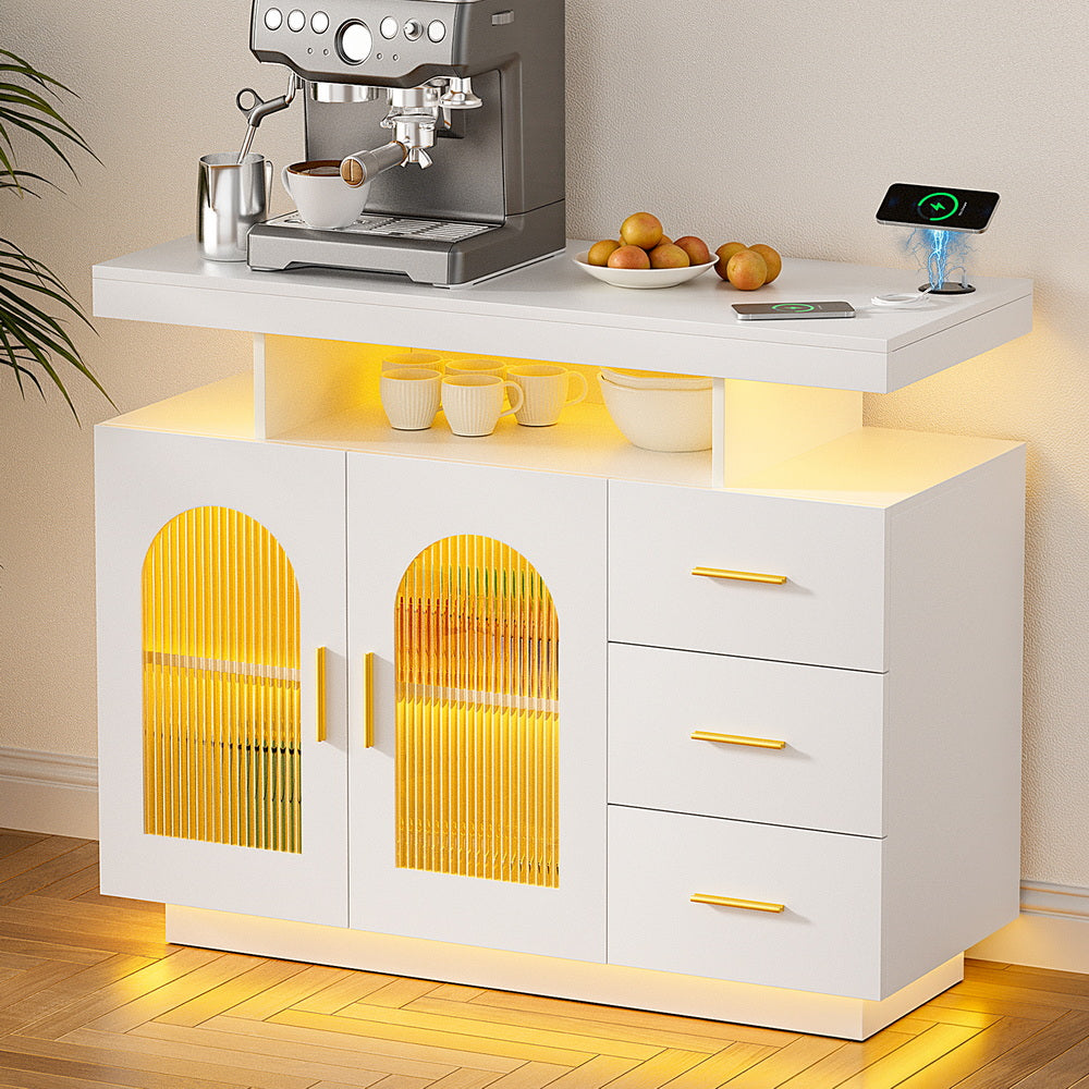 Artiss Buffet Sideboard Cabinet LED Clear Door Kitchen Storage Drawers White - Homecoze