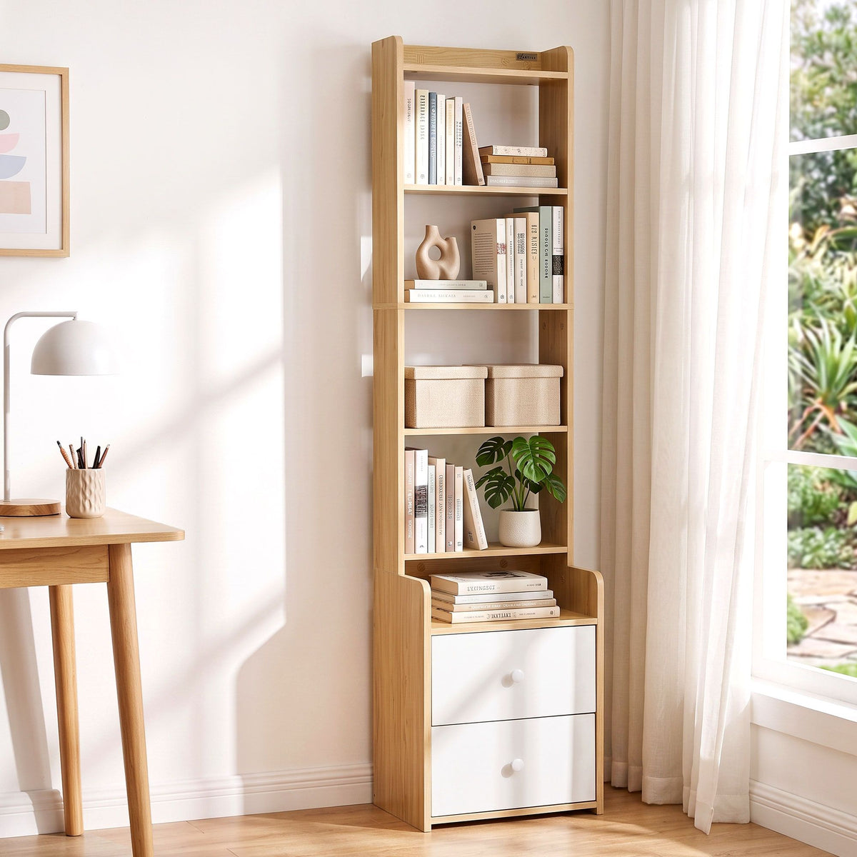 6-Tier Bookshelf with 2 Drawers – Pine