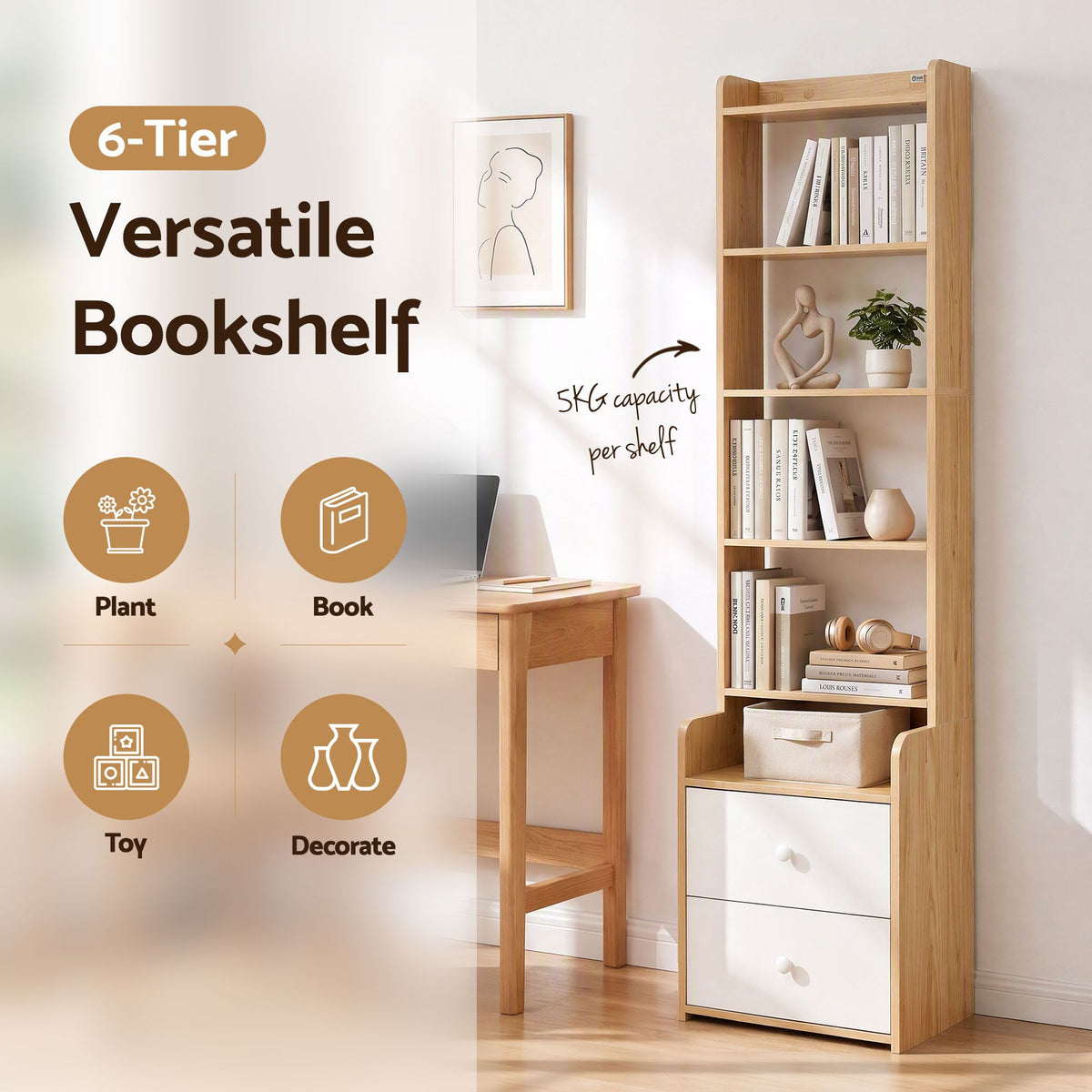 6-Tier Bookshelf with 2 Drawers – Pine