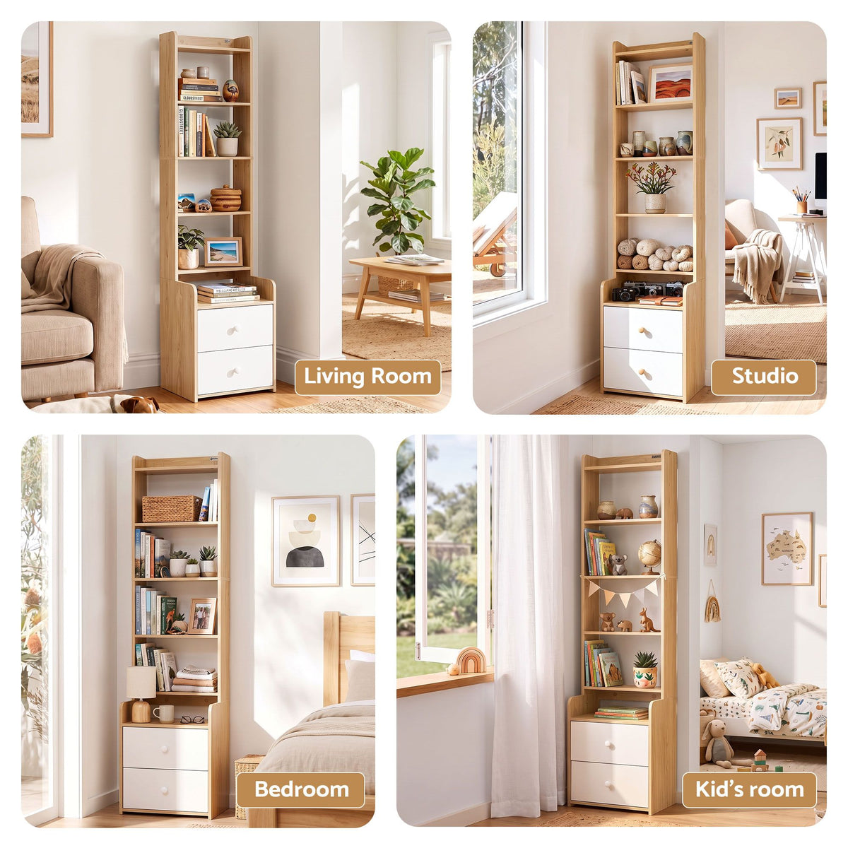 6-Tier Bookshelf with 2 Drawers – Pine