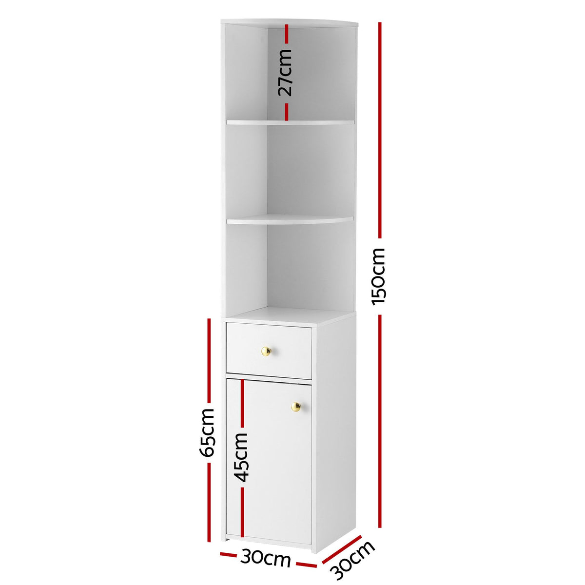 3-Tier Corner Bookshelf with Drawer & Cabinet 150cm – White