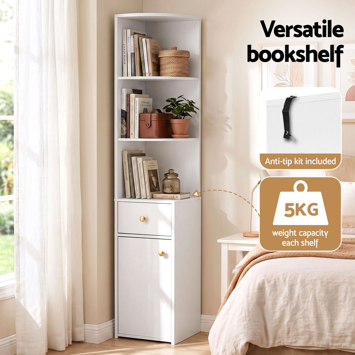 3-Tier Corner Bookshelf with Drawer & Cabinet 150cm – White