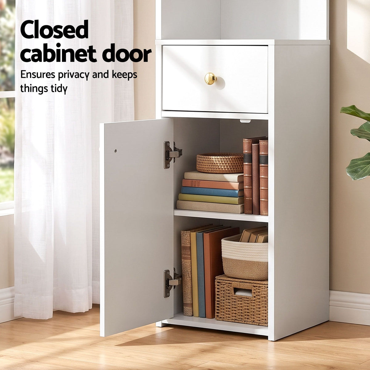 3-Tier Corner Bookshelf with Drawer & Cabinet 150cm – White