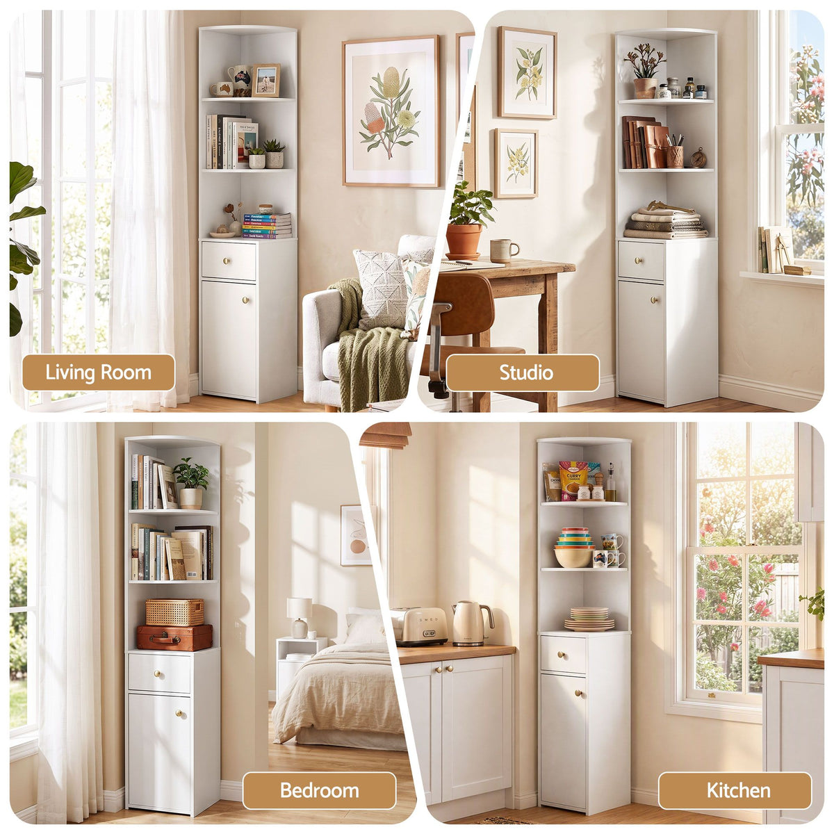 3-Tier Corner Bookshelf with Drawer & Cabinet 150cm – White