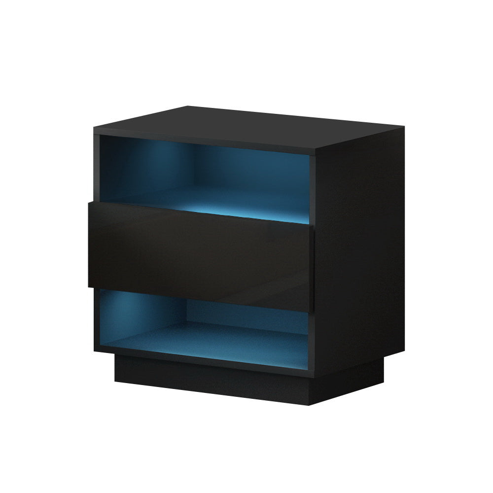 RGB LED Drawer Twin Shelf High Gloss Bedside Table Nightstand - Black Homecoze