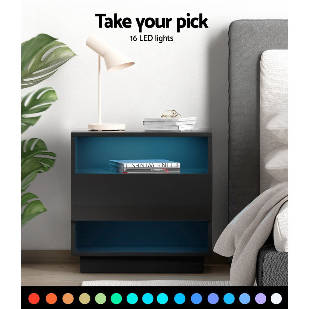 RGB LED Drawer Twin Shelf High Gloss Bedside Table Nightstand - Black Homecoze