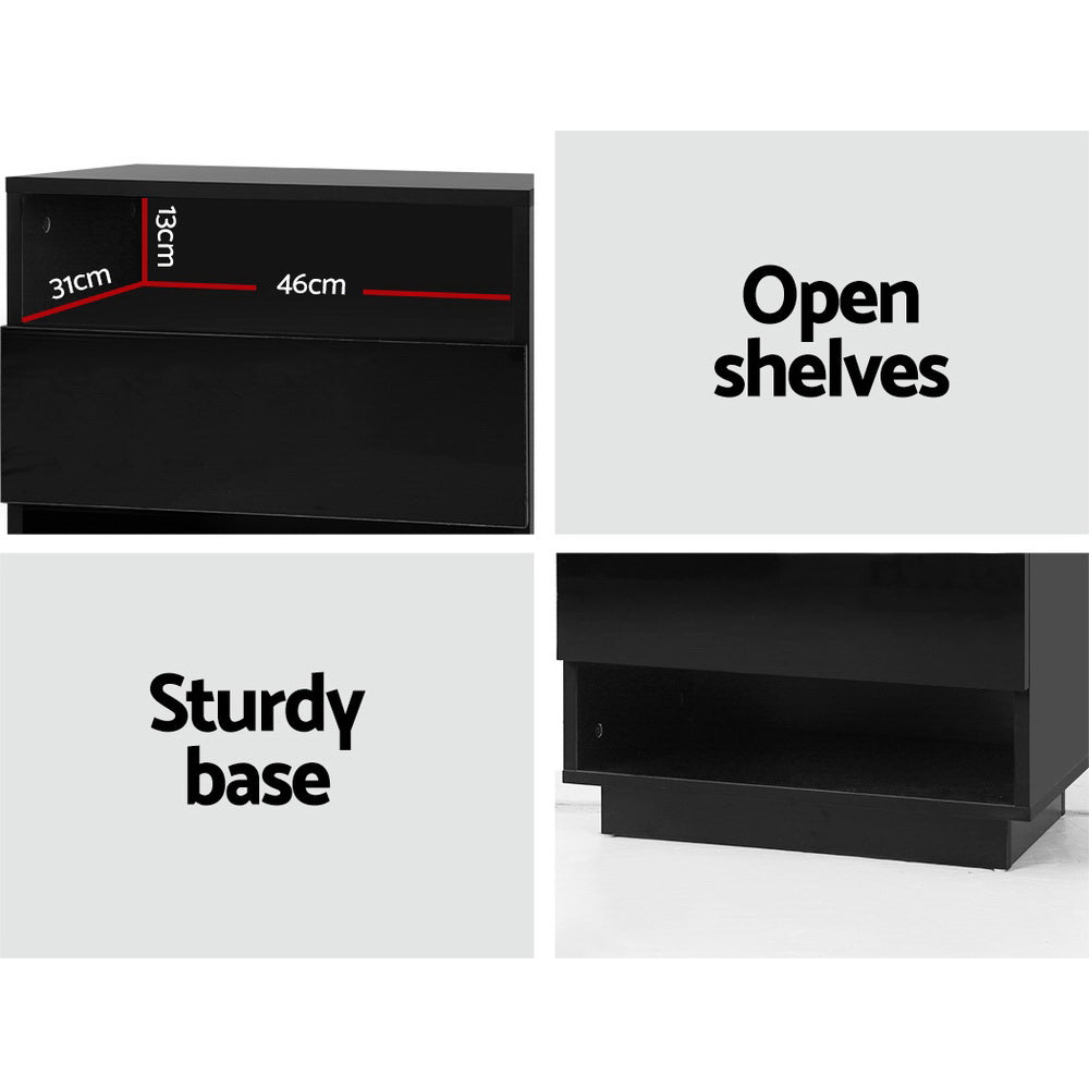 RGB LED Drawer Twin Shelf High Gloss Bedside Table Nightstand - Black Homecoze