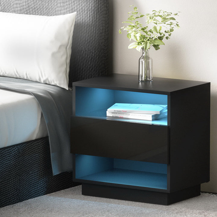 RGB LED Drawer Twin Shelf High Gloss Bedside Table Nightstand - Black Homecoze