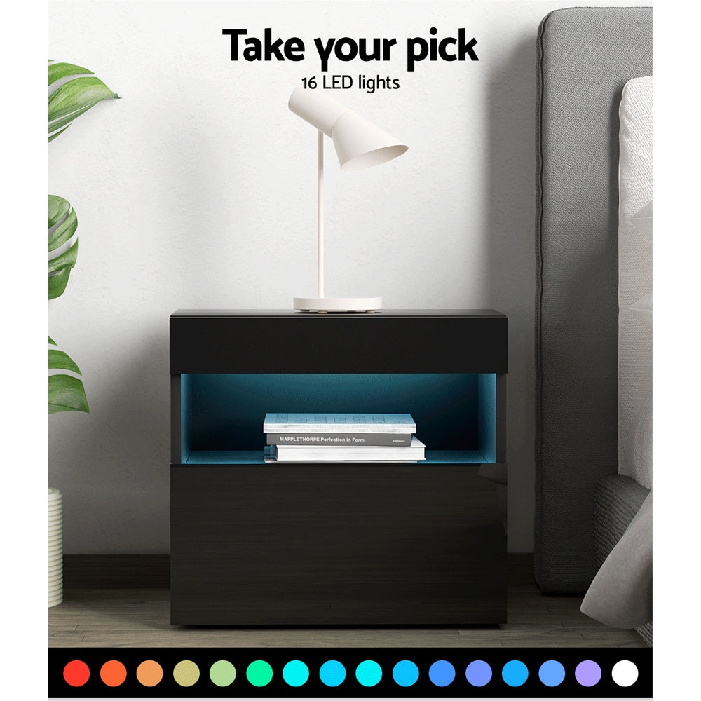 RGB LED High Gloss Bedside Table Nightstand - Black Homecoze
