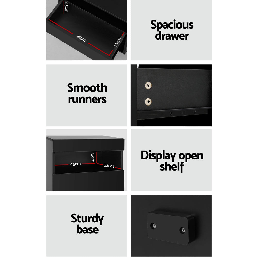 RGB LED High Gloss Bedside Table Nightstand - Black Homecoze