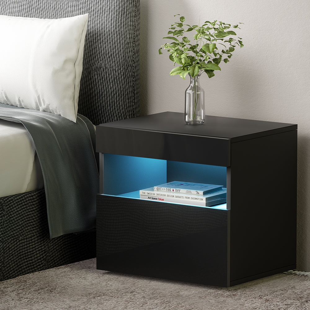 RGB LED High Gloss Bedside Table Nightstand - Black Homecoze