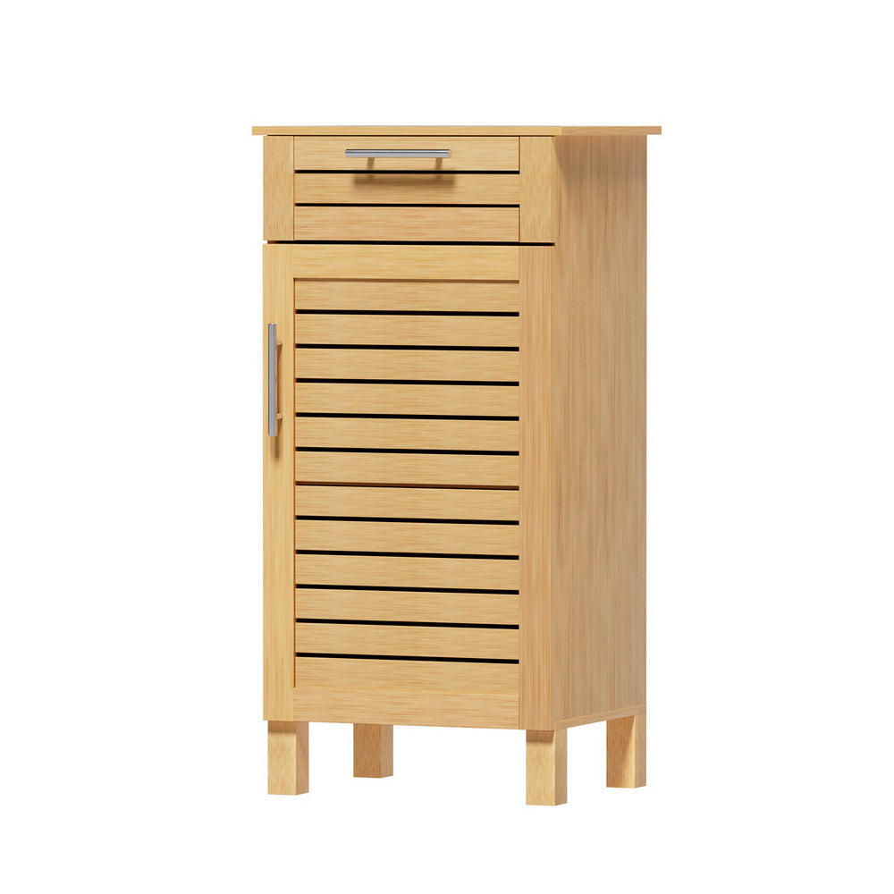 Slim Bathroom Floor Storage Cabinet with Drawer 90cm - Oak