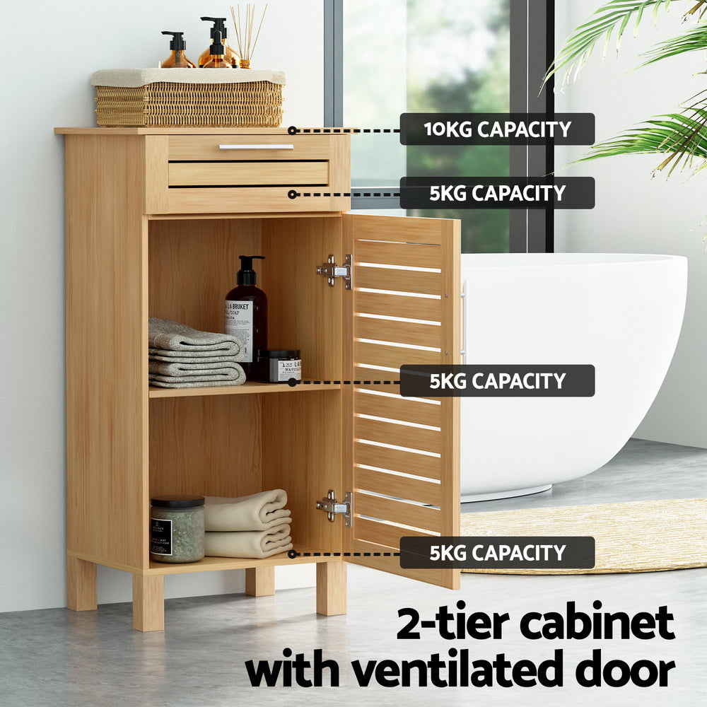 Slim Bathroom Floor Storage Cabinet with Drawer 90cm Oak Homecoze