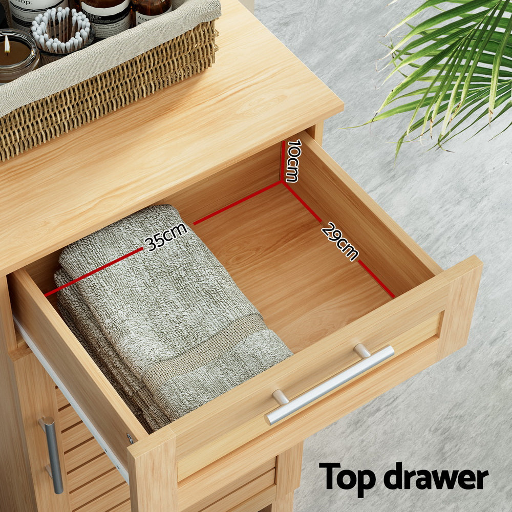 Slim Bathroom Floor Storage Cabinet with Drawer 90cm - Oak