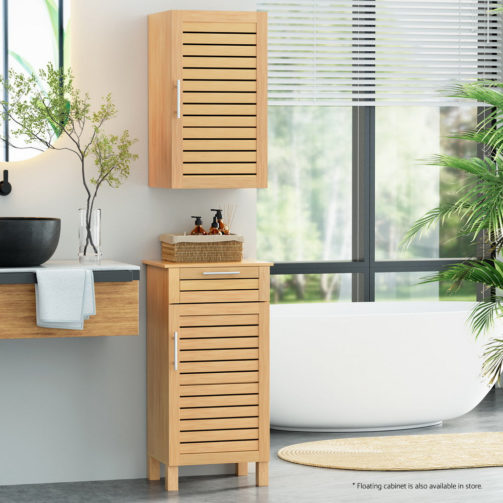 Slim Bathroom Floor Storage Cabinet with Drawer 90cm - Oak