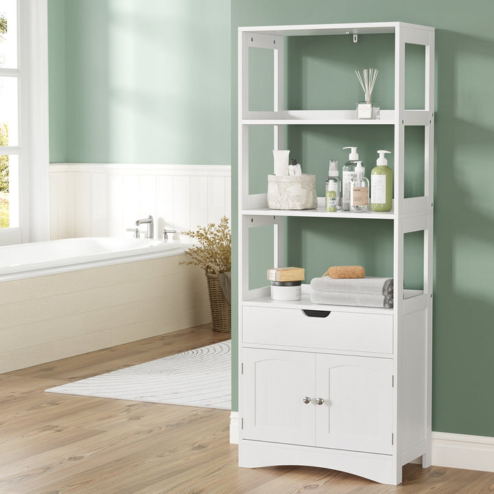 Artiss Bathroom Floor Storage Cabinet with 2 Drawers 3 Open Shelves 2 Doors White - Homecoze