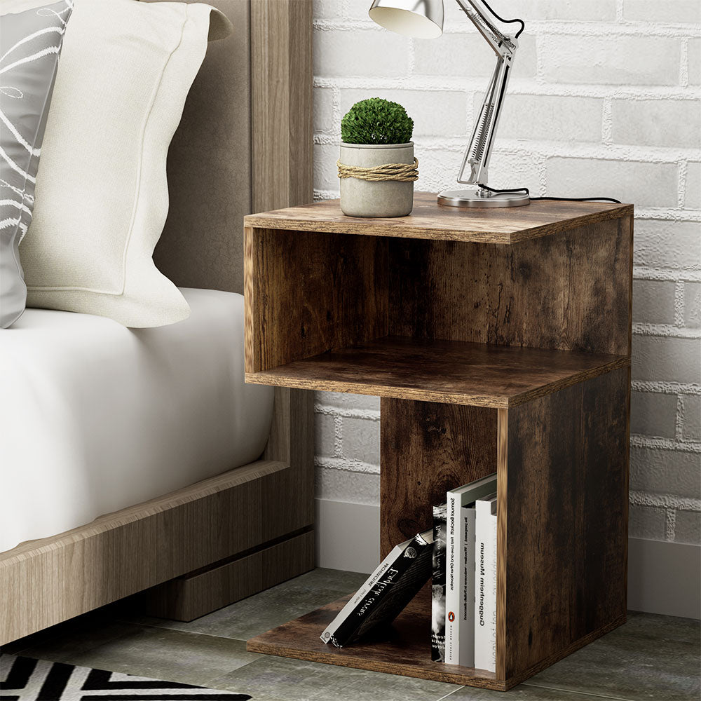 Contemporary S-Shaped Bed Side Table Nightstand - Rustic Oak - Homecoze