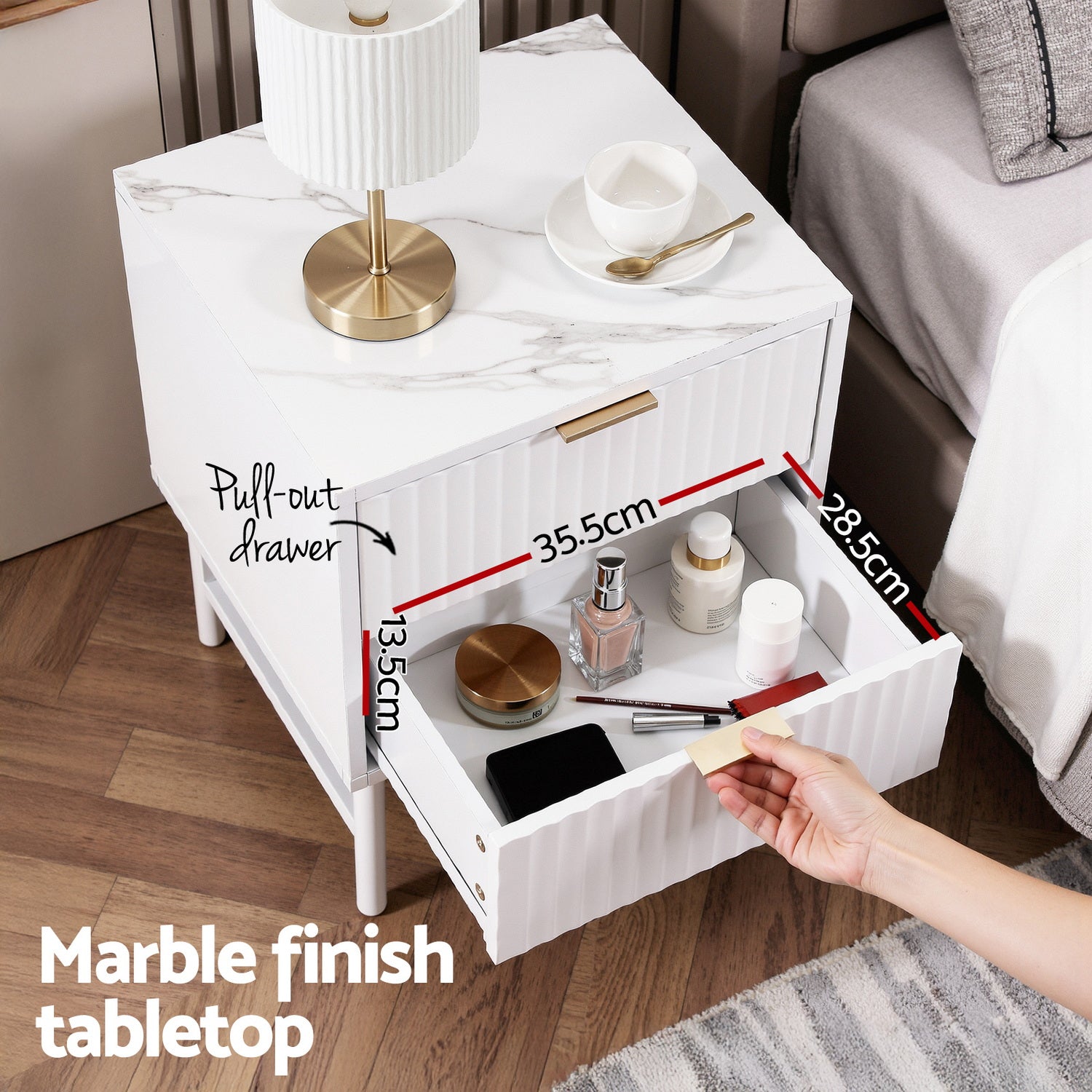 Scarlett Reeded Bedside Table 2 Drawer – White