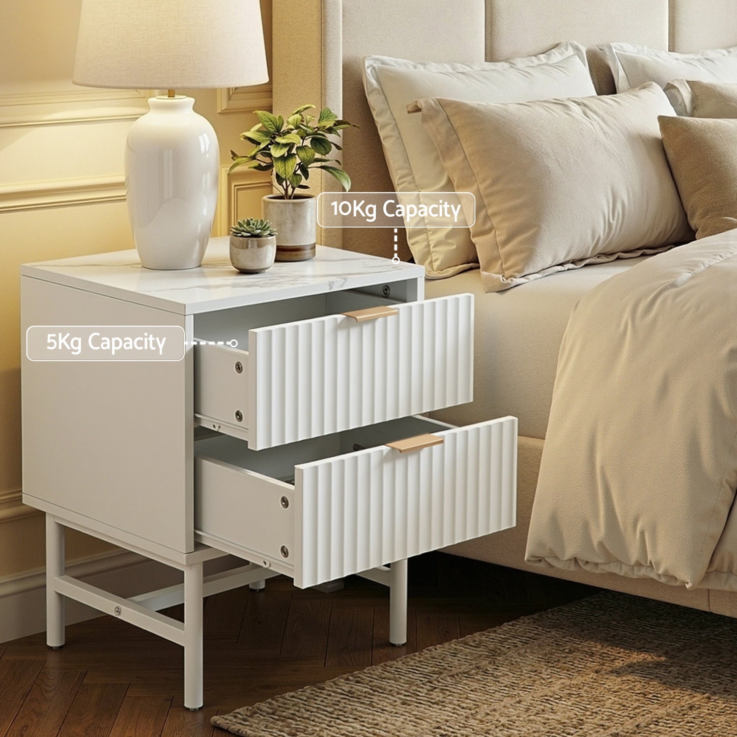 Scarlett Reeded Bedside Table 2 Drawer – White