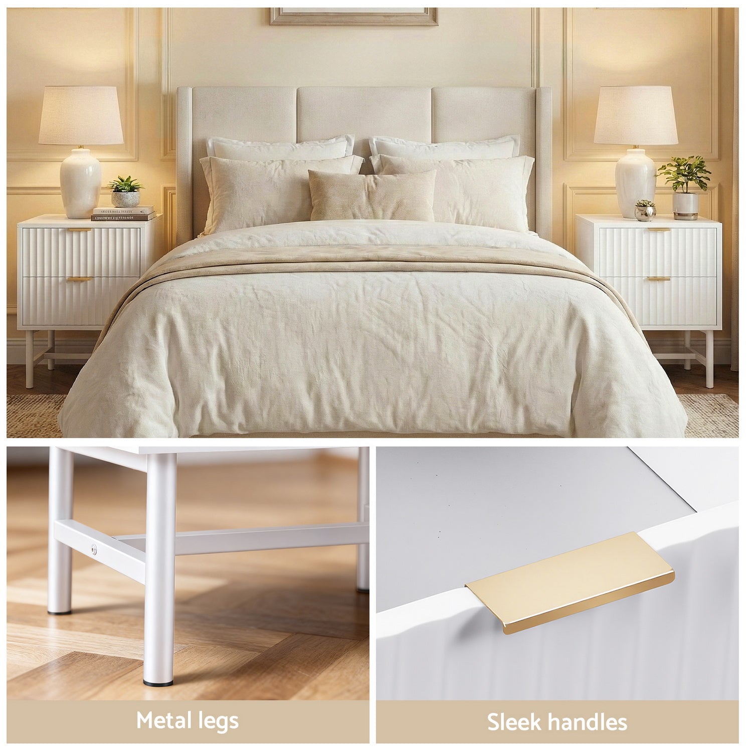 Scarlett Reeded Bedside Table 2 Drawer – White