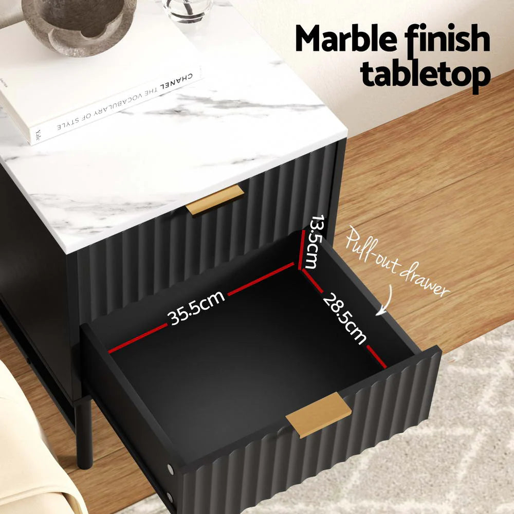 Scarlett Reeded Bedside Table 2 Drawer – Black & White - Homecoze