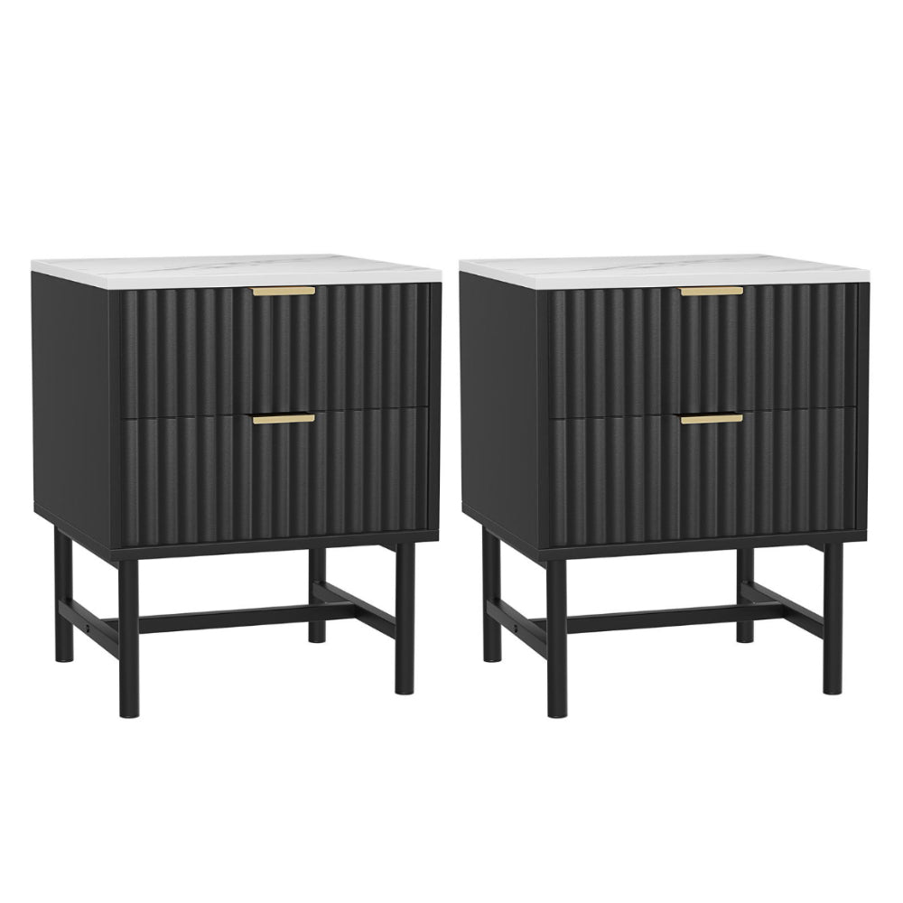 Set of 2 Marble Look Modern Bedside Tables – Black - Homecoze