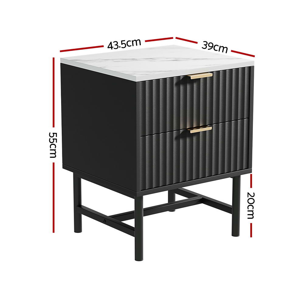 Set of 2 Marble Look Modern Bedside Tables – Black - Homecoze