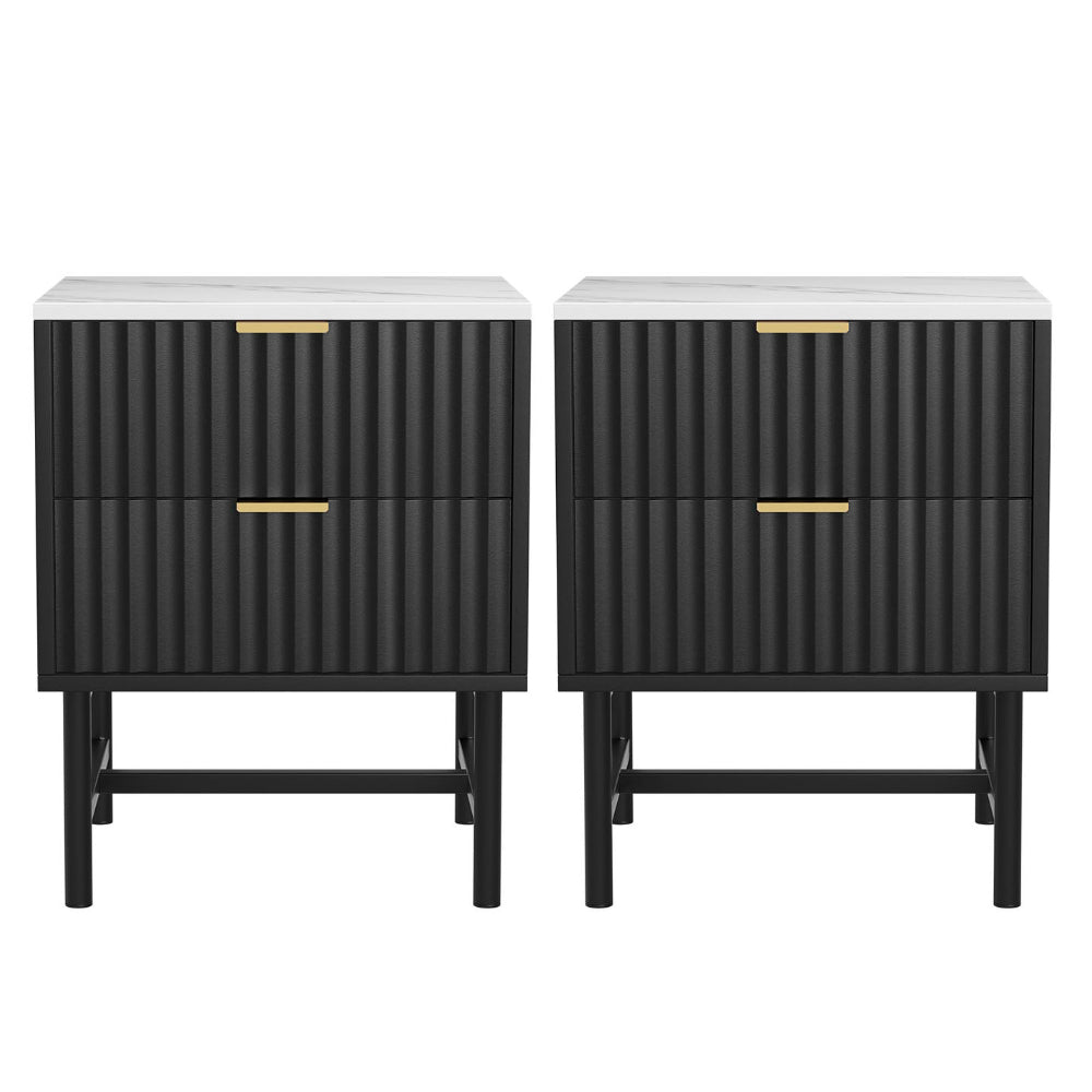 Set of 2 Marble Look Modern Bedside Tables – Black - Homecoze