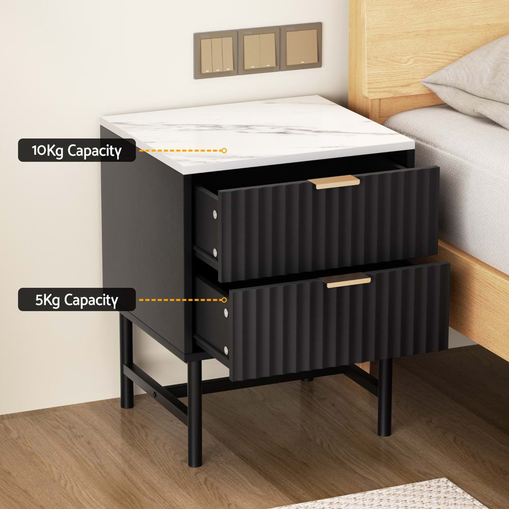 Set of 2 Marble Look Modern Bedside Tables – Black - Homecoze