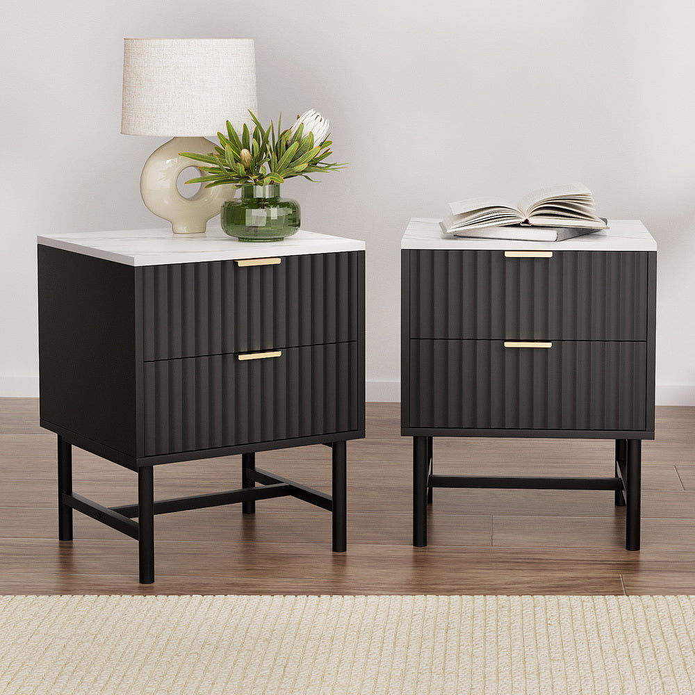 Set of 2 Marble Look Modern Bedside Tables – Black - Homecoze