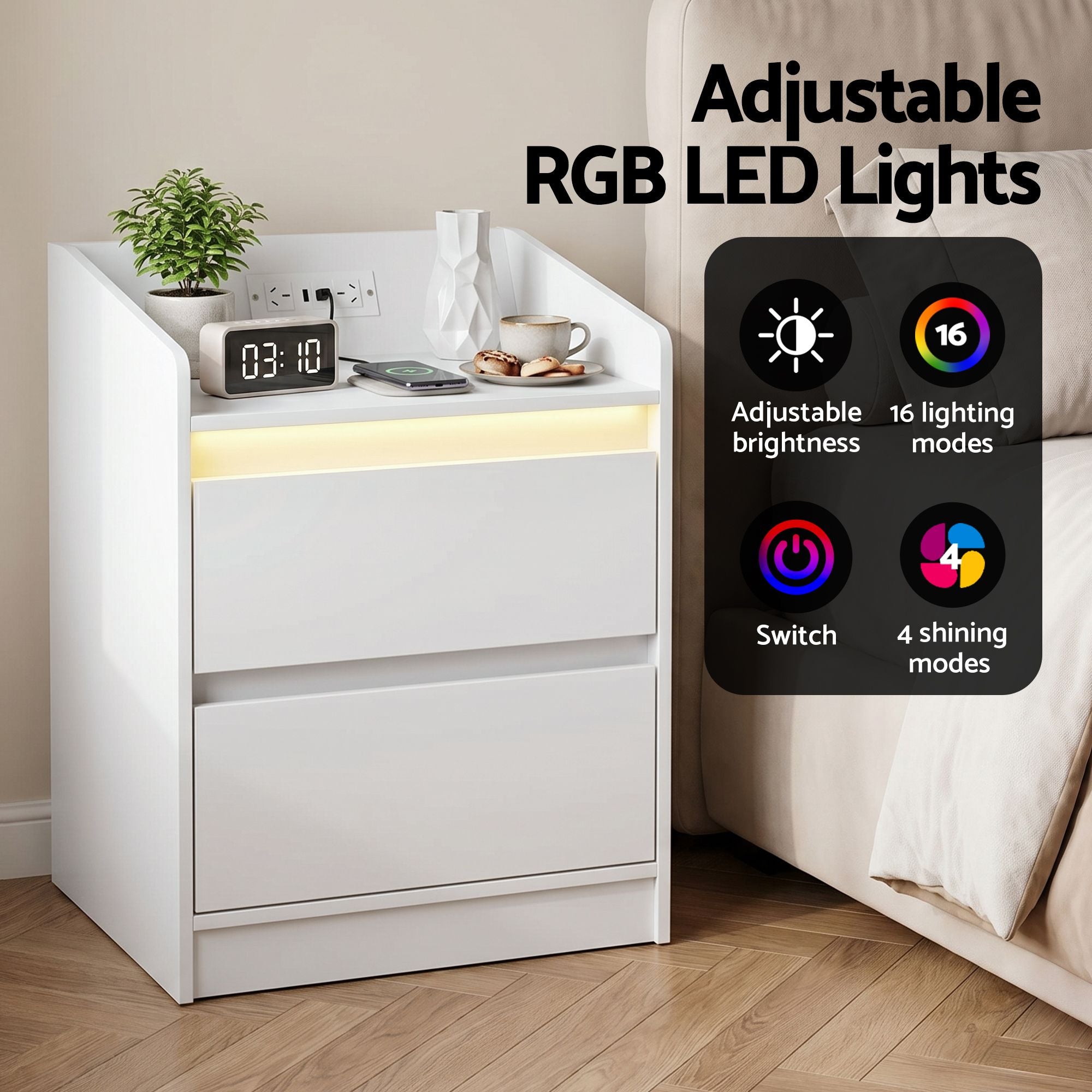 Artiss Bedside Table Nightstand with Charging Station 2 Drawers LED White - Homecoze