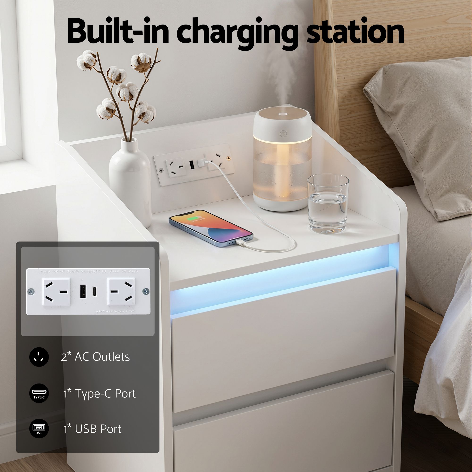 Artiss Bedside Table Nightstand with Charging Station 2 Drawers LED White - Homecoze