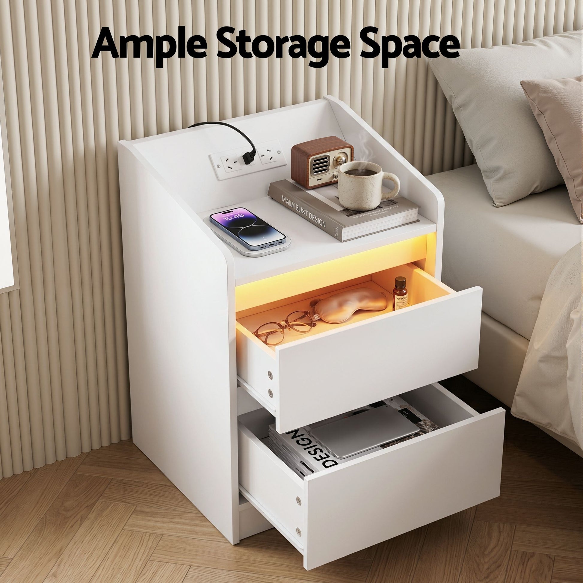 Artiss Bedside Table Nightstand with Charging Station 2 Drawers LED White - Homecoze