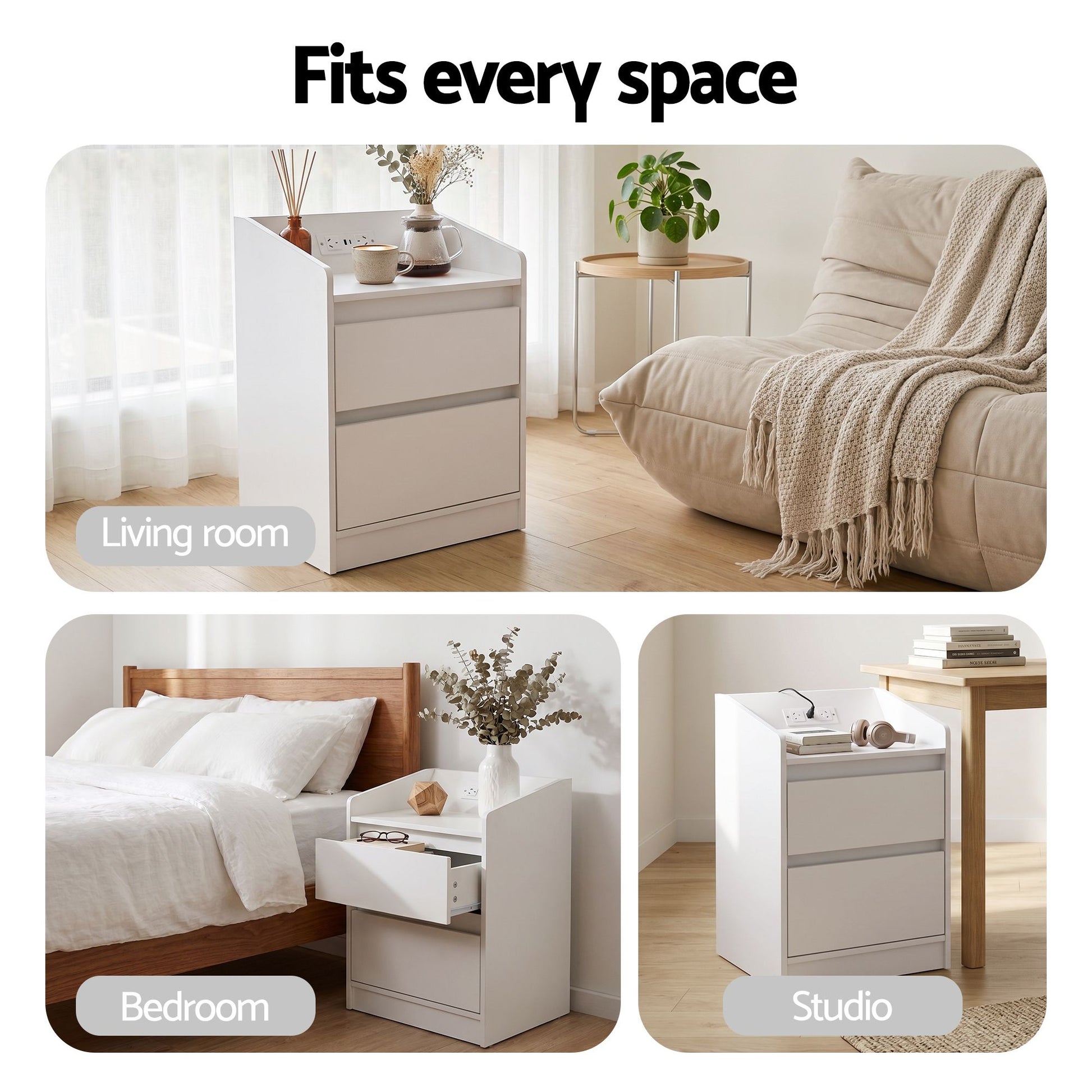 Artiss Bedside Table Nightstand with Charging Station 2 Drawers LED White - Homecoze