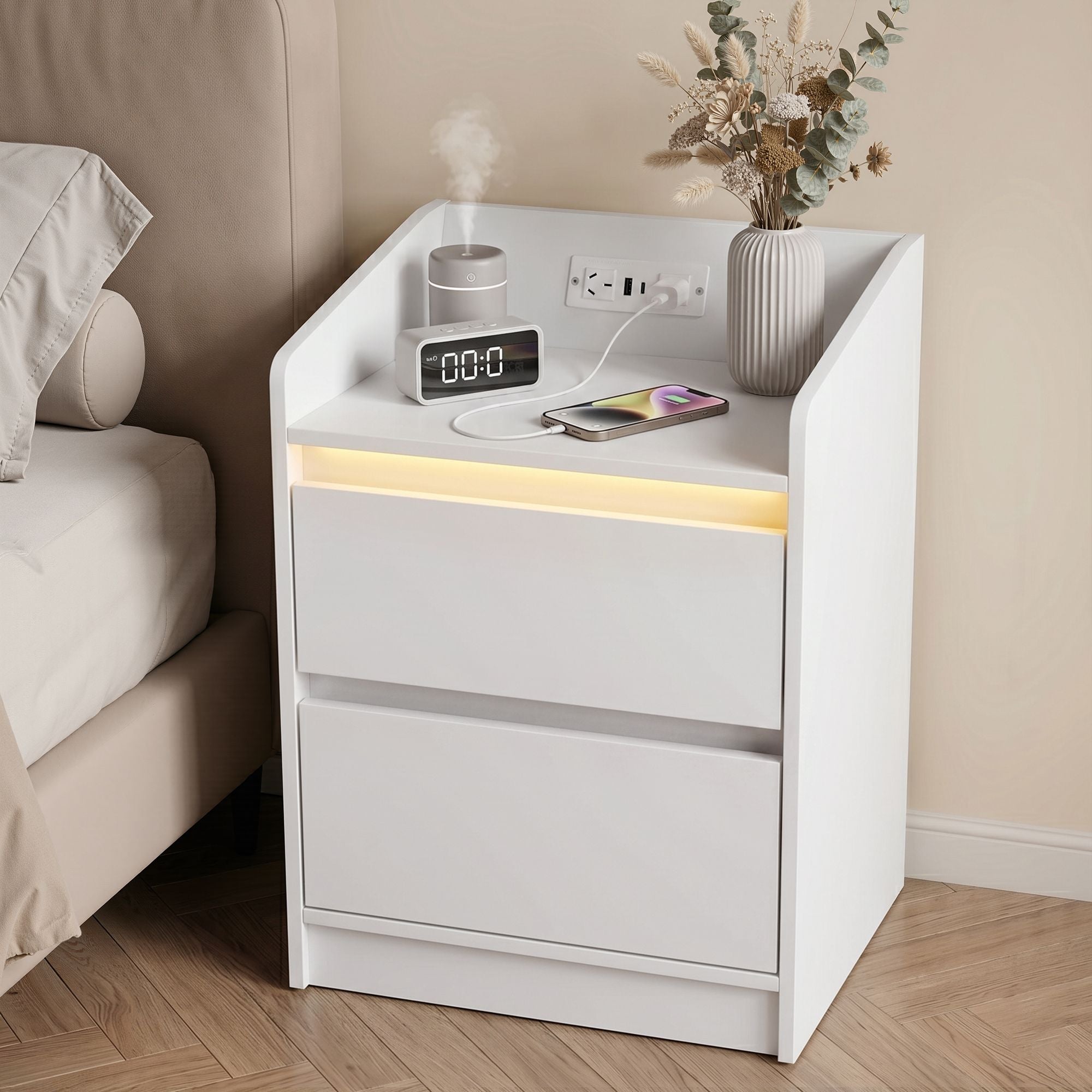 Artiss Bedside Table Nightstand with Charging Station 2 Drawers LED White - Homecoze