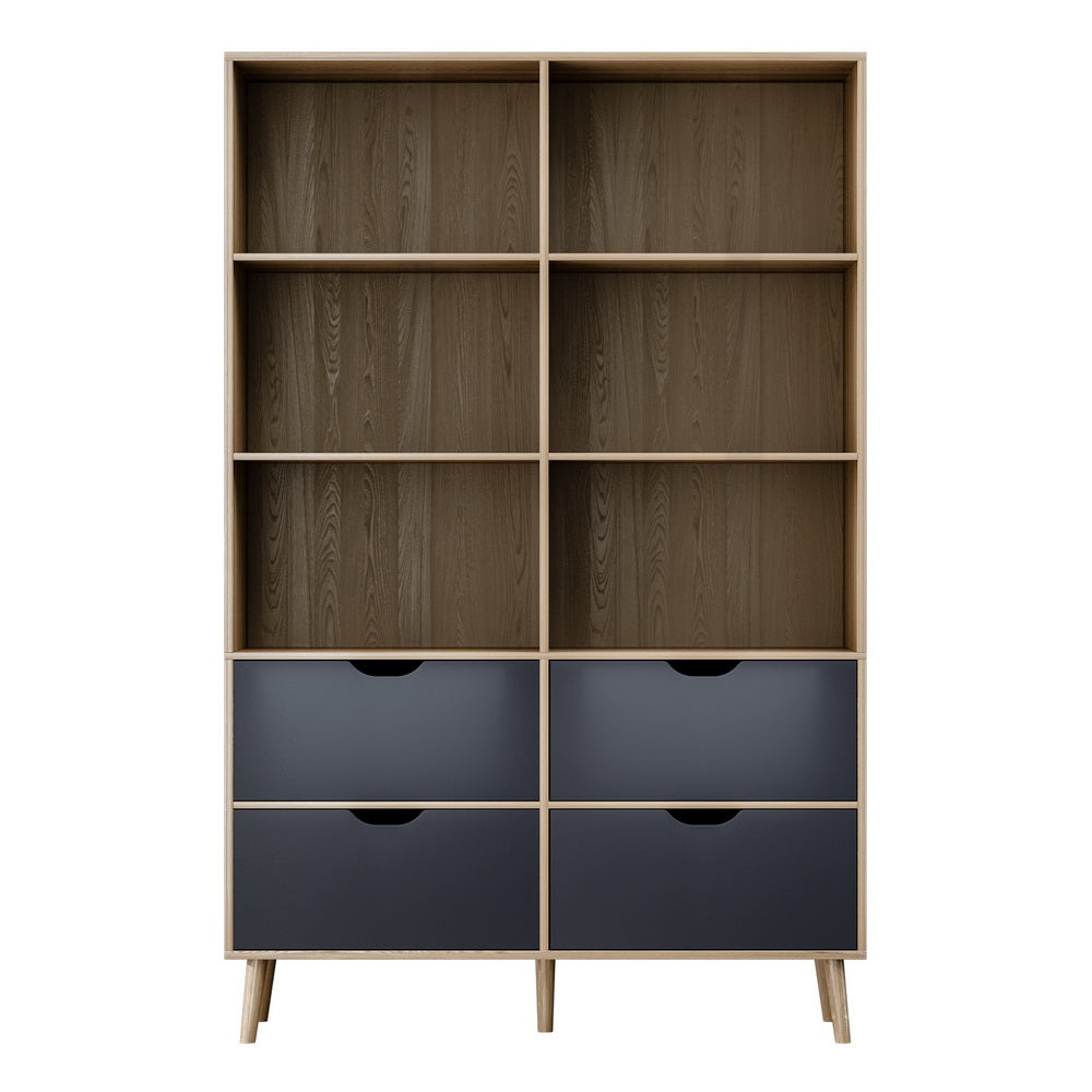 Modern 6 Shelf Display Bookshelf with 4 Drawers - Oak and Blue - Homecoze