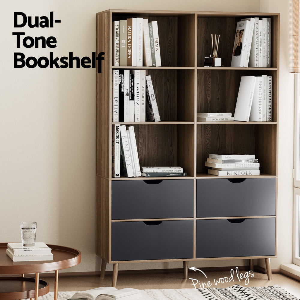 Modern 6 Shelf Display Bookshelf with 4 Drawers - Oak and Blue - Homecoze