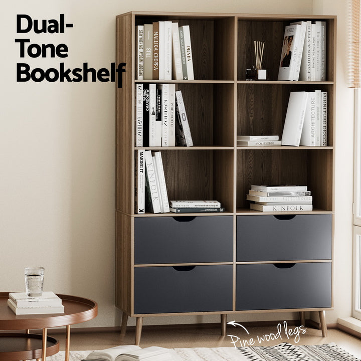 Modern 6 Shelf Display Bookshelf with 4 Drawers - Oak and Blue - Homecoze