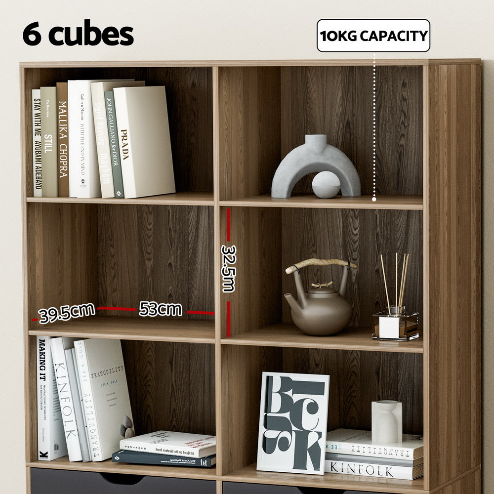 Modern 6 Shelf Display Bookshelf with 4 Drawers - Oak and Blue - Homecoze