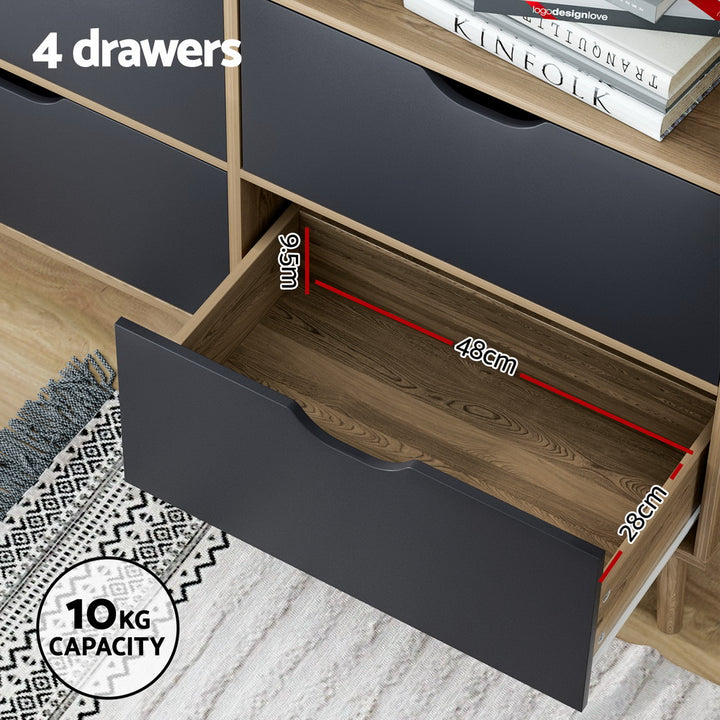 Modern 6 Shelf Display Bookshelf with 4 Drawers - Oak and Blue - Homecoze