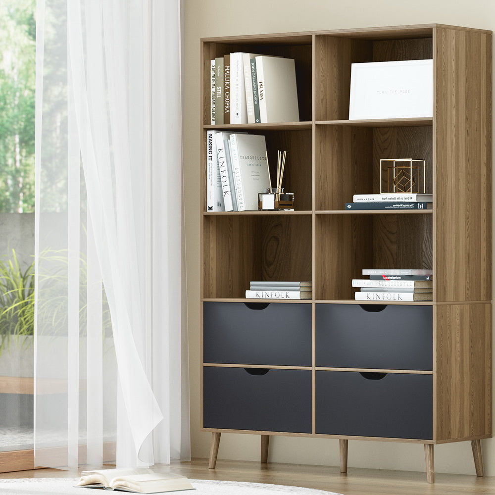Modern 6 Shelf Display Bookshelf with 4 Drawers - Oak and Blue - Homecoze