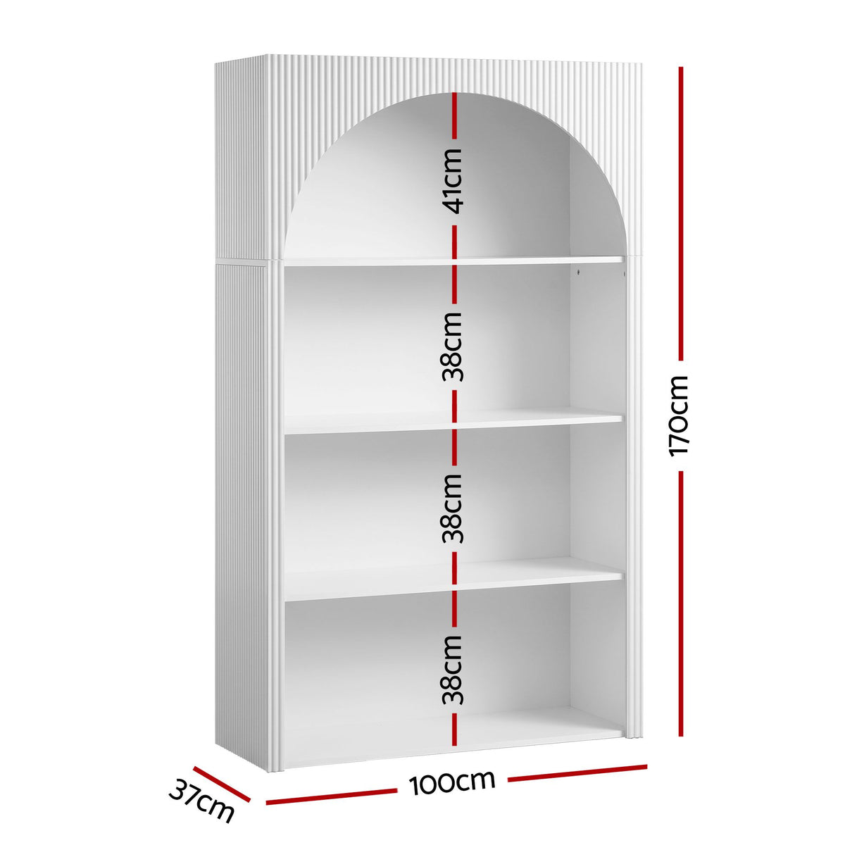 4-Tier Arched Fluted Bookshelf 170cm – White