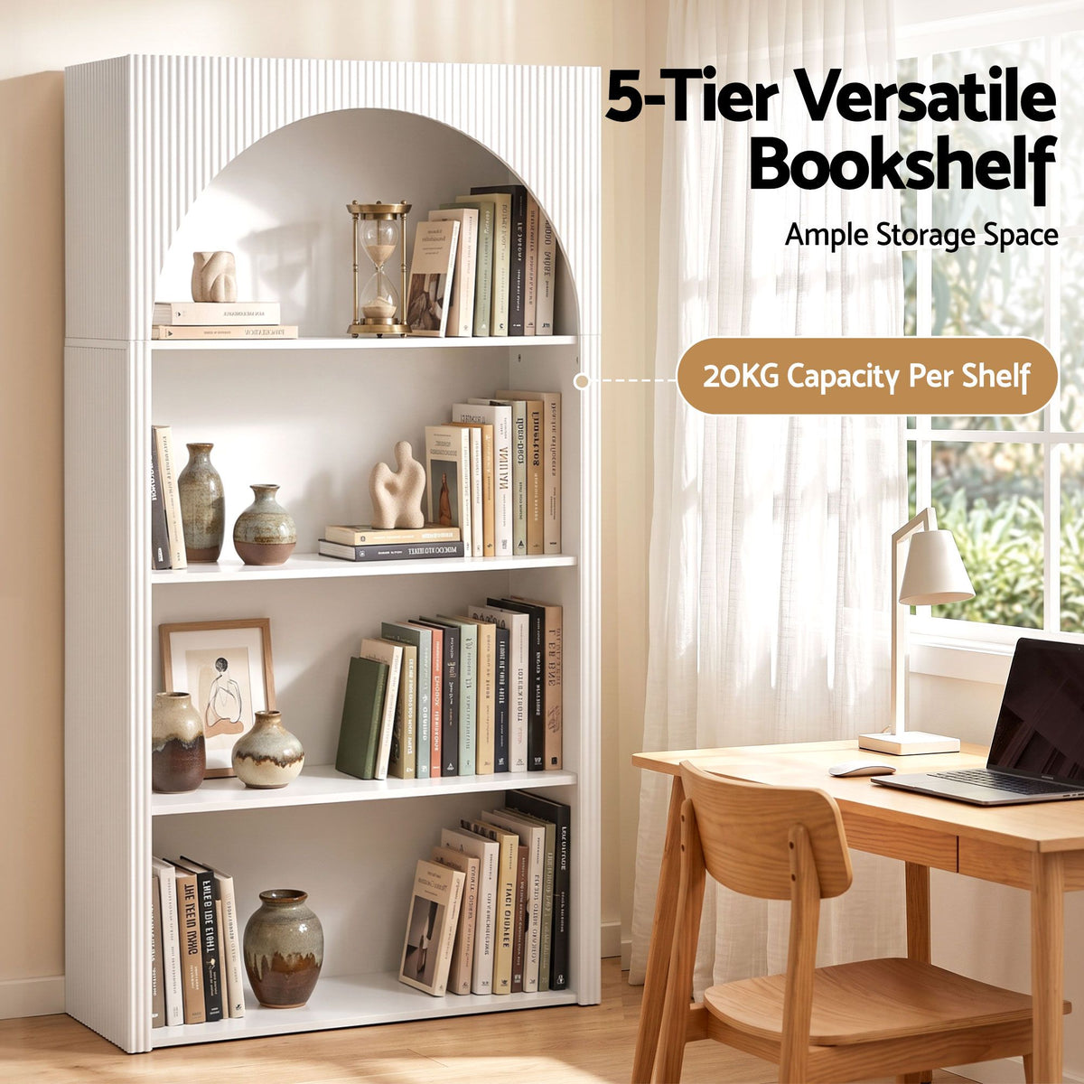 4-Tier Arched Fluted Bookshelf 170cm – White