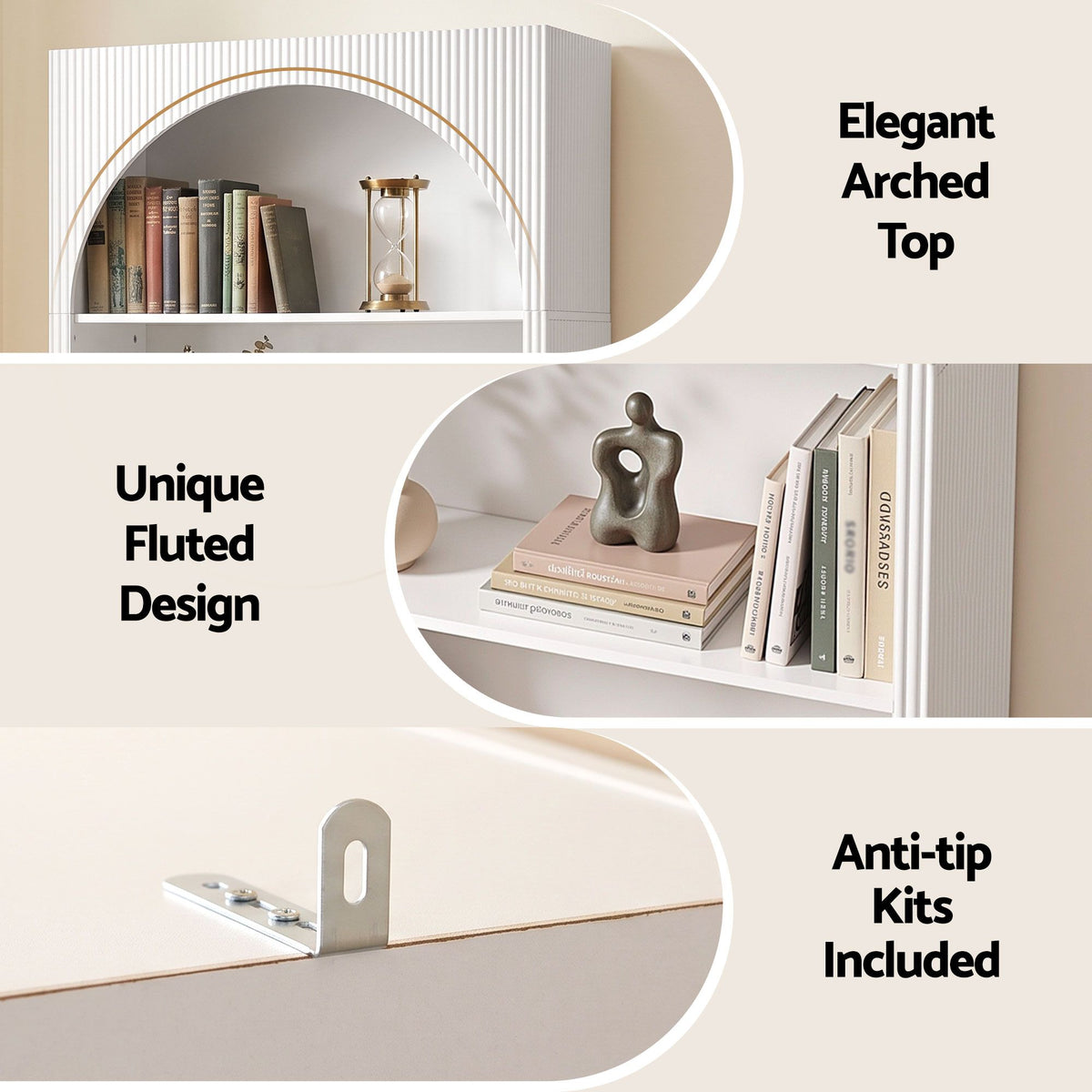 4-Tier Arched Fluted Bookshelf 170cm – White