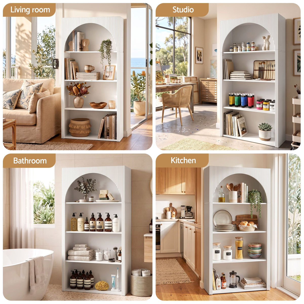 4-Tier Arched Fluted Bookshelf 170cm – White