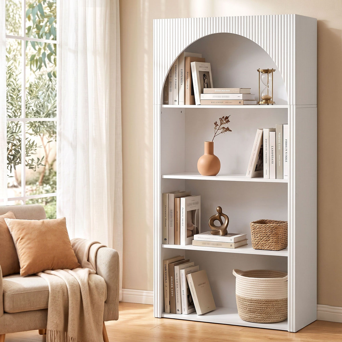 4-Tier Arched Fluted Bookshelf 170cm – White