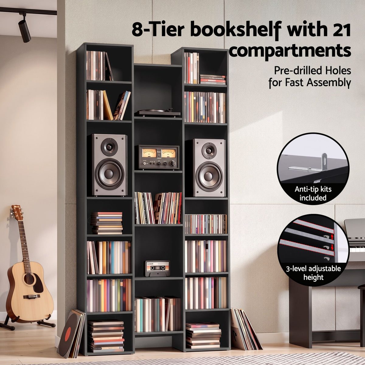 21-Compartment Adjustable Bookshelf 181cm – Black