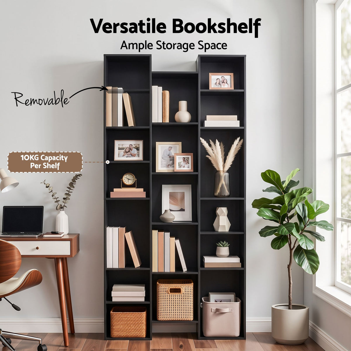 21-Compartment Adjustable Bookshelf 181cm – Black